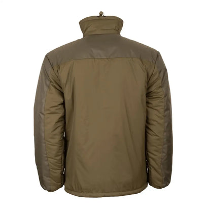 Olive green Snugpak Sleeka Elite Insulated Jacket with high collar and zipper closure