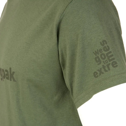 Olive green Snugpak T-Shirt sleeve with faded text, perfect for country clothing and outdoors