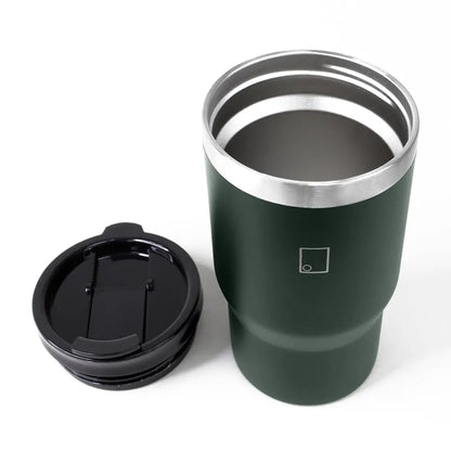Sophos 14oz vacuum mug in dark green with silver rim and black lid