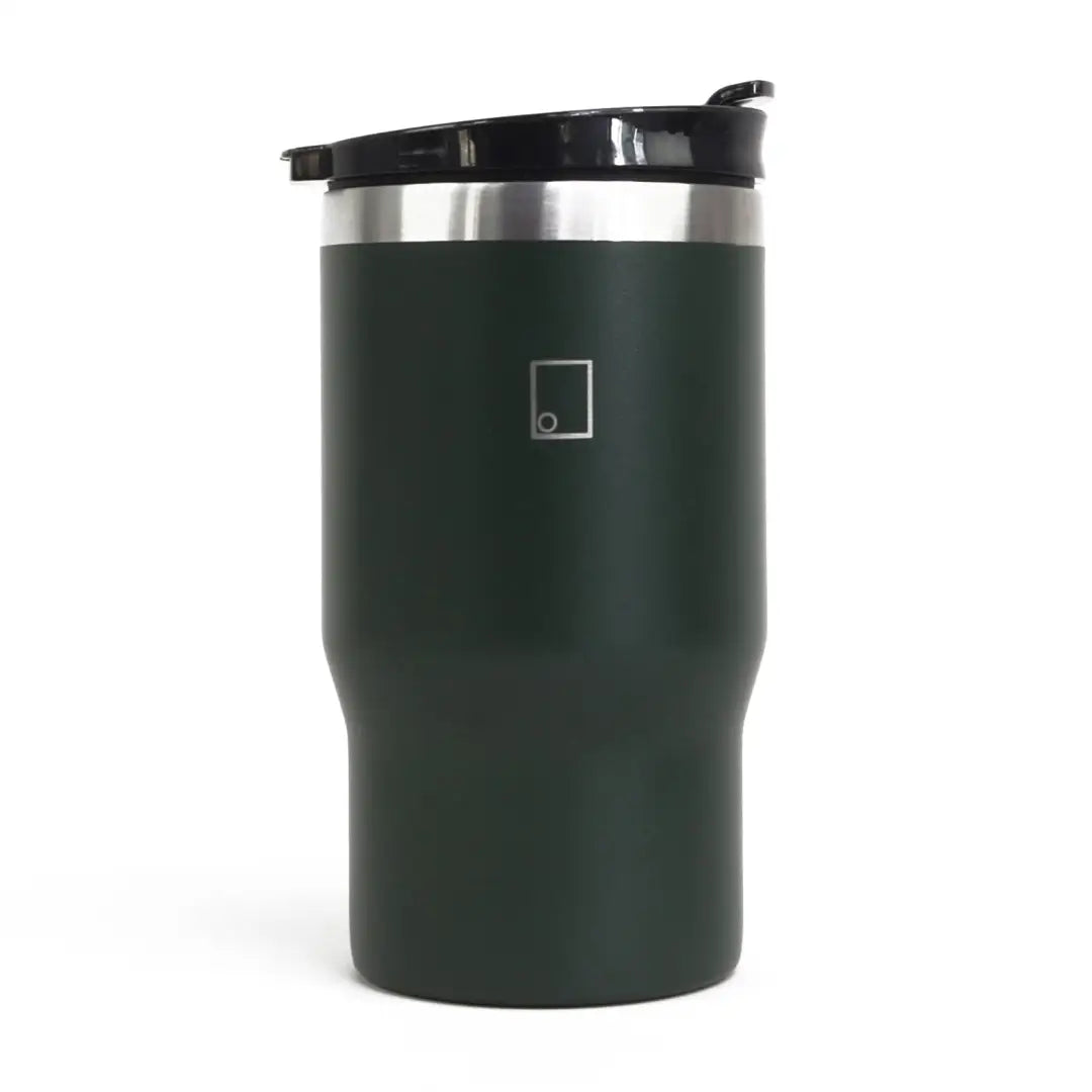 Sophos 14oz vacuum mug in dark green with black lid and silver rim