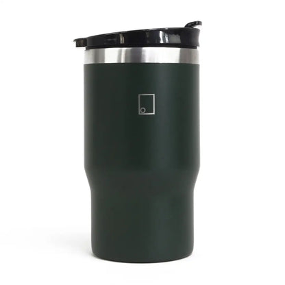Sophos 14oz vacuum mug in dark green with black lid and silver rim