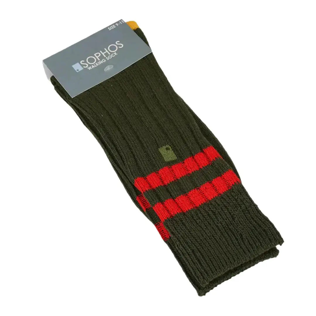Olive green and red striped Sophos hike socks for outdoors and hunting