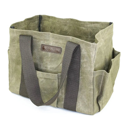Sophos Canvas Garden Tote Bag in olive green waxed canvas with brown accents for outdoors hunting