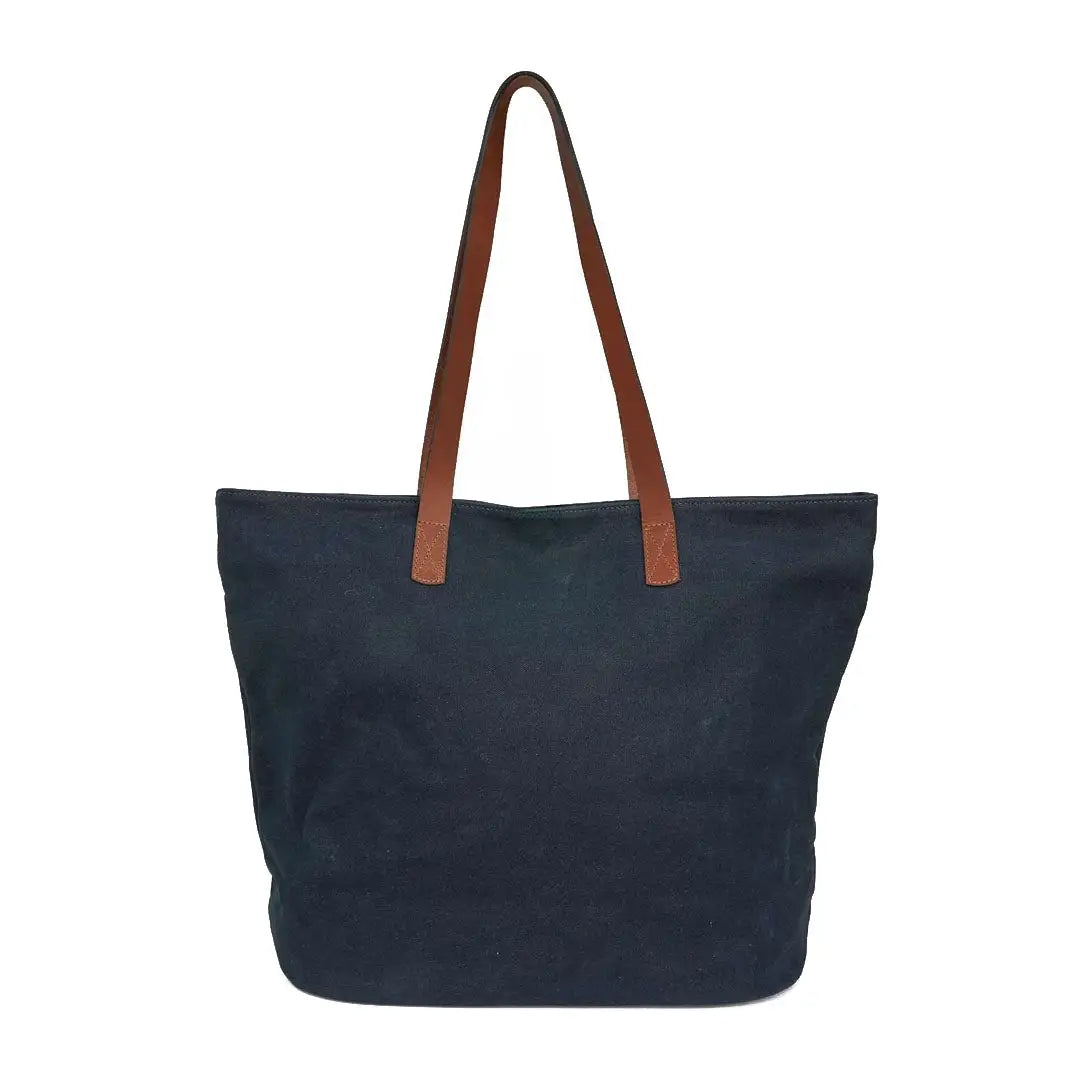 Sophos canvas tote bag in navy blue with brown leather handles