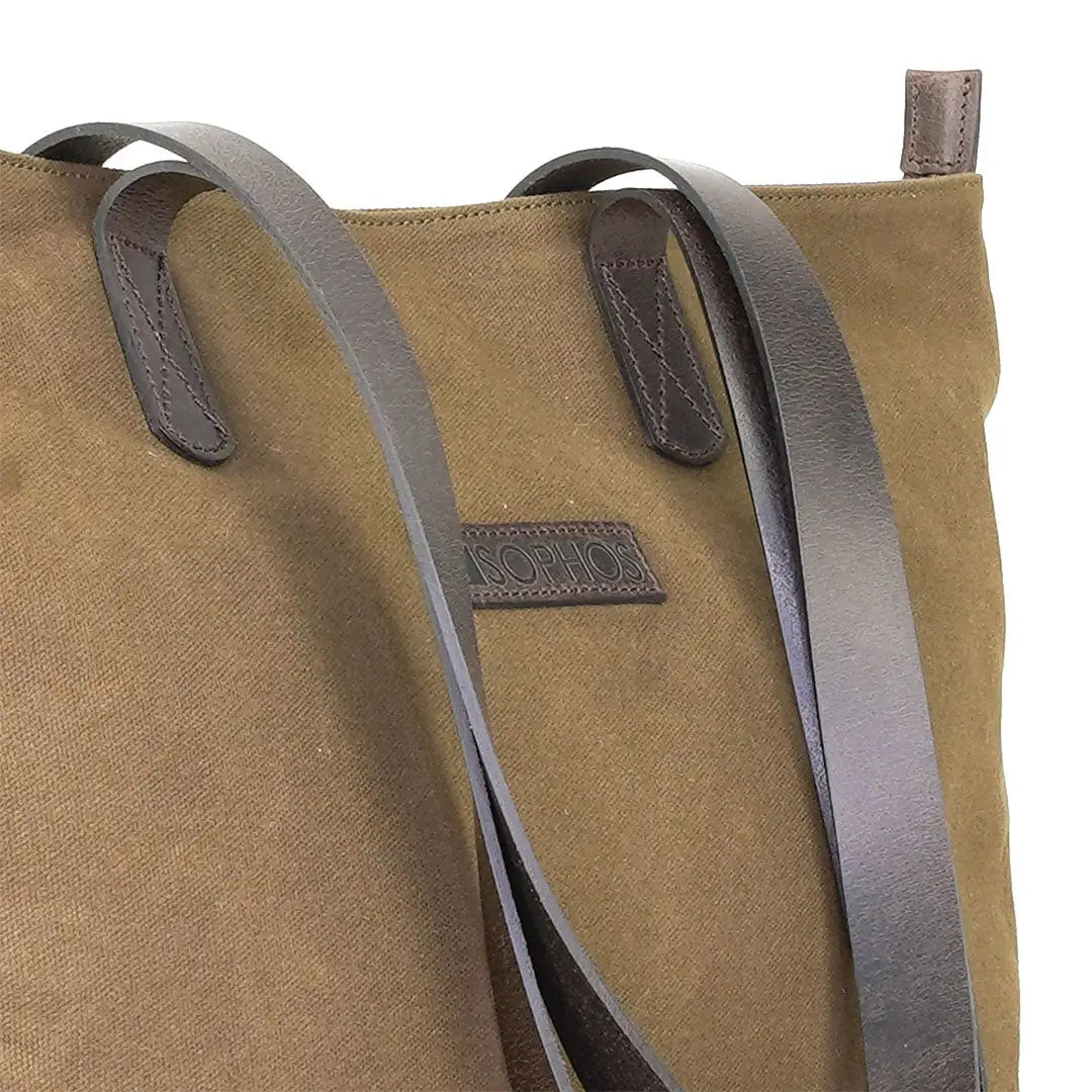 Sophos Canvas Tote Bag in brown leather with gray straps and logo patch