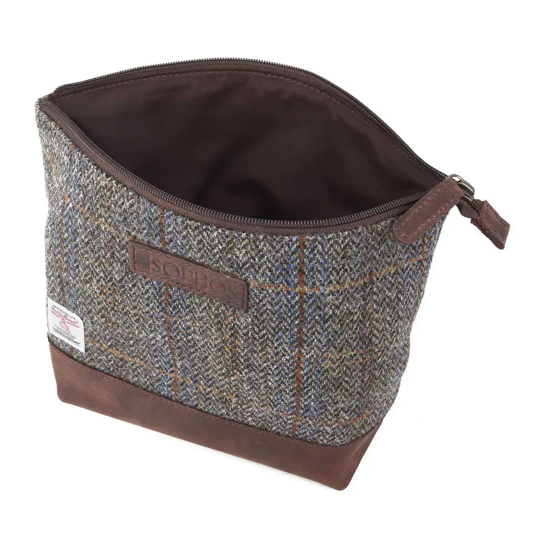 Sophos Harris Tweed triangle washbag with brown zipper and leather accents