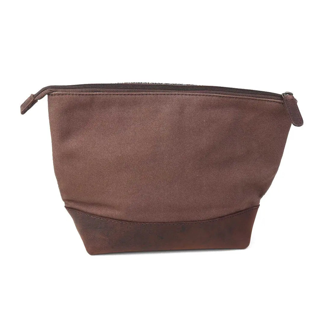 Sophos Harris Tweed triangle washbag with brown leather pouch and black zip