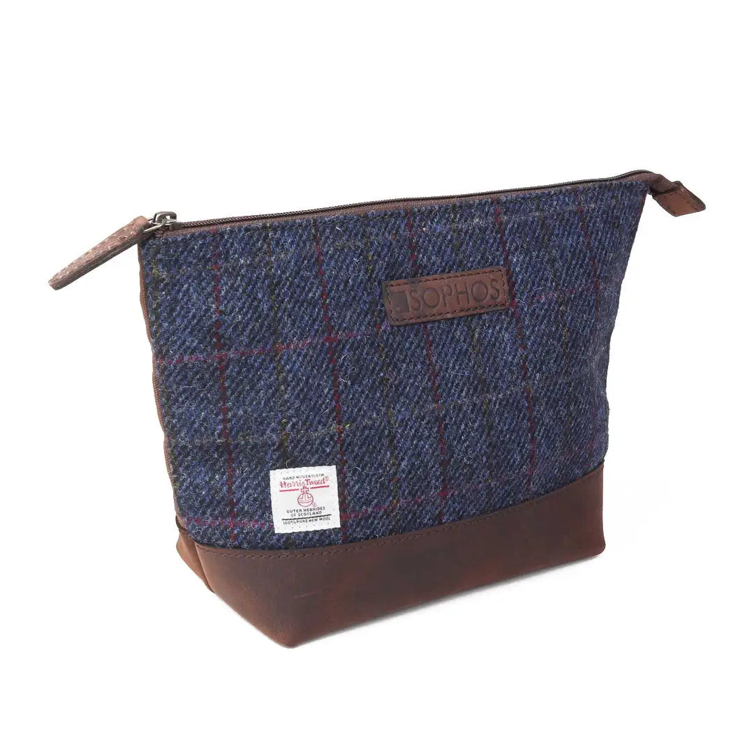 Sophos Harris Tweed Triangle Washbag with brown leather accents