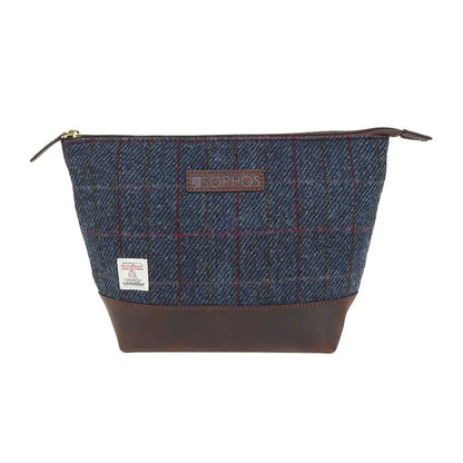 Sophos Harris Tweed triangle washbag in navy plaid with leather accents