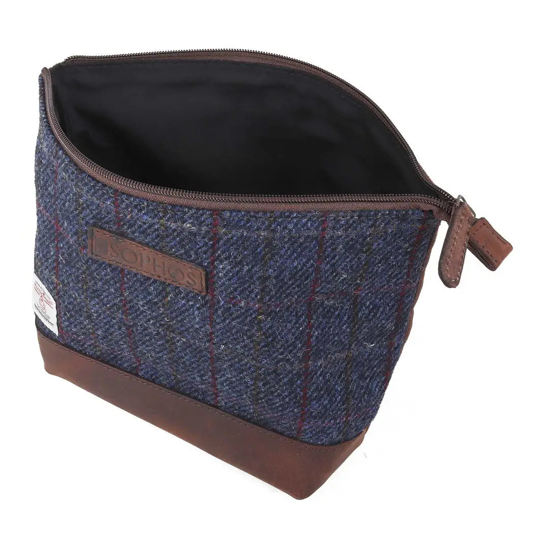 Sophos Harris Tweed triangle washbag with brown leather trim