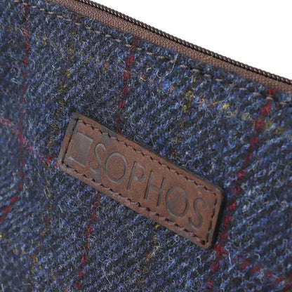 Sophos Harris Tweed triangle washbag in blue tweed with brown leather accents