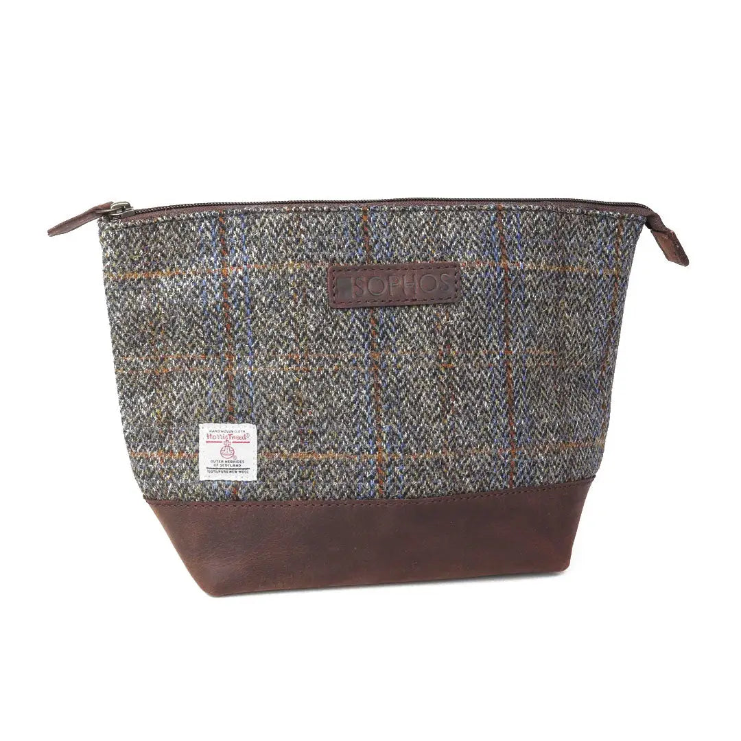 Sophos Harris Tweed triangle washbag in brown tweed and leather with zipper