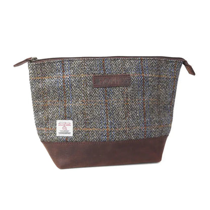 Sophos Harris Tweed triangle washbag in brown tweed and leather with zipper