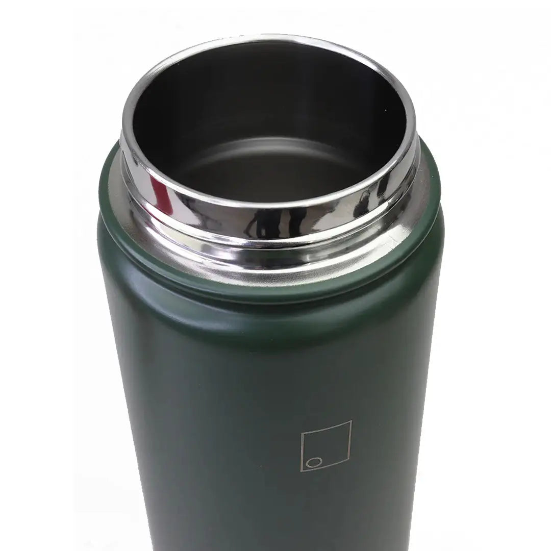 Green stainless steel thermos with silver lid for hunting country clothing