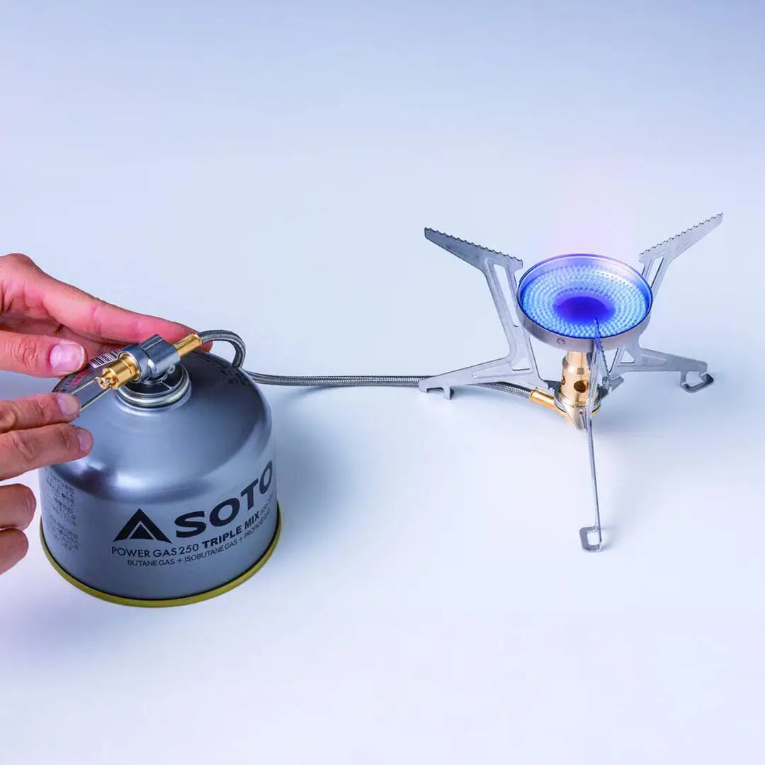 Portable camping stove Soto Fusion Trek with Micro Regulator and fuel canister ready to use