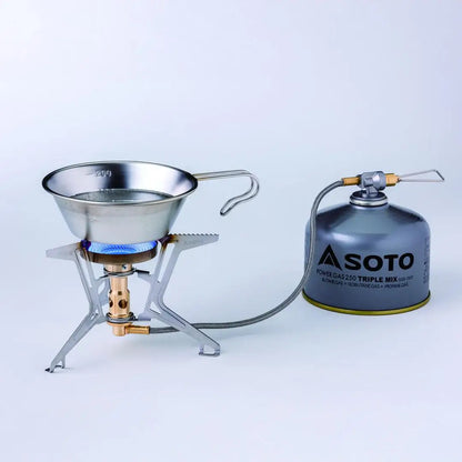 Portable Soto Fusion Trek camping stove with micro regulator and fuel canister