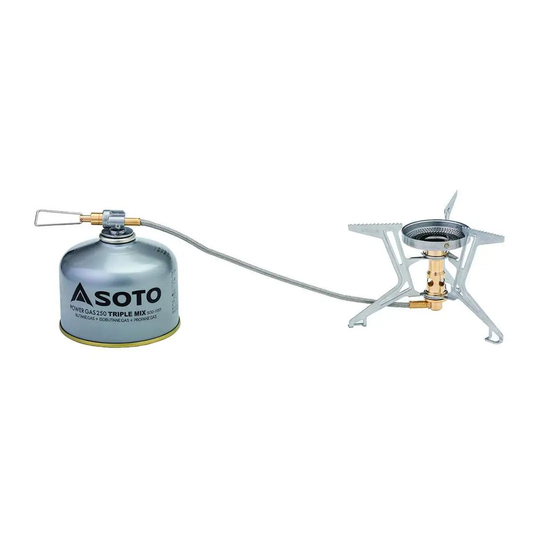 Portable Soto Fusion Trek camping stove with micro regulator and fuel canister