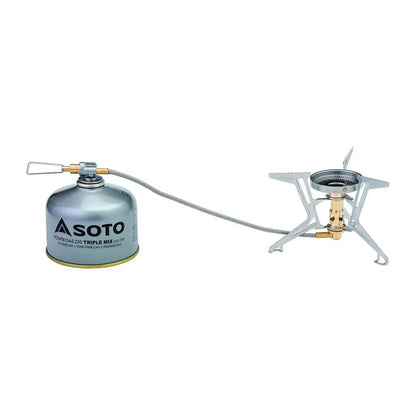 Portable Soto Fusion Trek camping stove with micro regulator and fuel canister