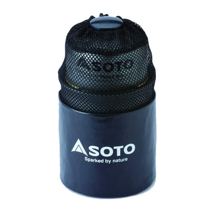 Black camping pot with mesh bag from Soto Thermostack Cook Set Combo for outdoor adventures
