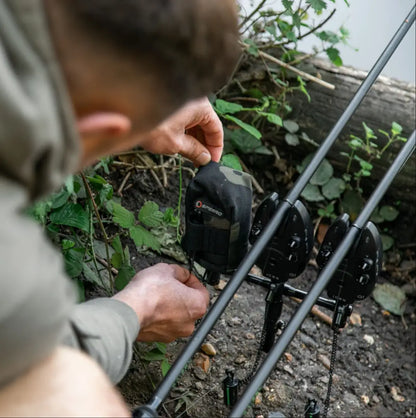 Fishing bite alarms with protective covers in a Speero Alarm Pouch for easy transport