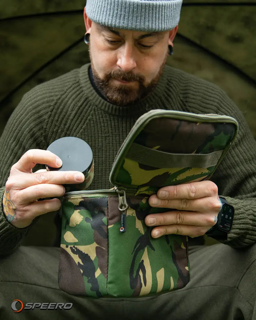 Camouflage zippered pouch in the Speero Bait Cool Bag for anglers on the go