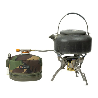 Portable camping stove with kettle and Speero gas canister cover for outdoor adventures