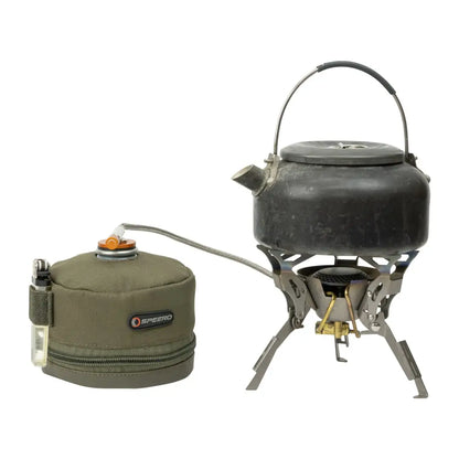 Camping stove with kettle and Speero Gas Canister Cover for added protection