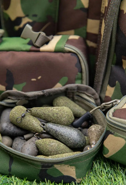 Camouflage Speero Midi Lead Pouch packed with fishing weights for anglers on the go