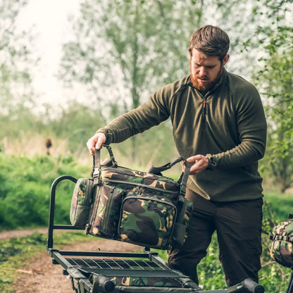Camouflage-patterned Speero Modular Cool Bag on a wheeled cart for easy transport