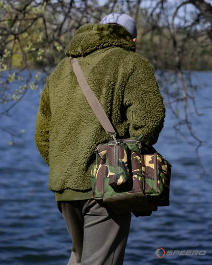 Camouflage fishing bag on Speero Sherpa Fleece Hoodie, cozy sherpa fleece hoodie style
