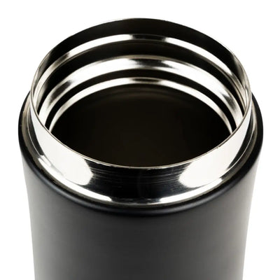 Open-topped black and silver Speero Thermate Mug perfect for hot drinks on the go