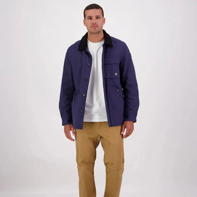Men’s navy blue Swanndri Barrytown V3 Canvas Jacket with black collar and front pockets