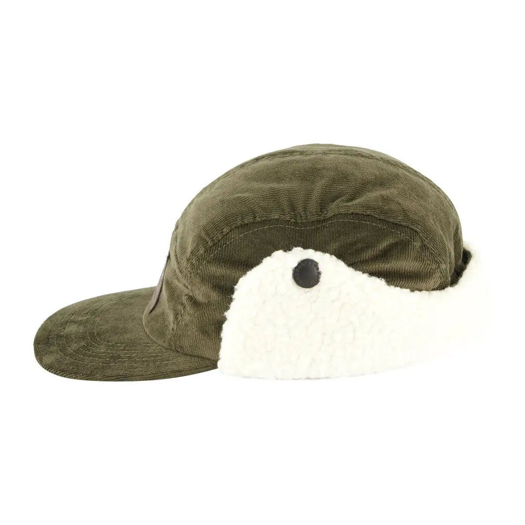 Olive green Swanndri Birchwood Sherpa lined winter cap with cream faux fur ear flaps