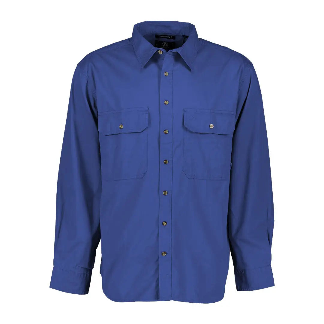 Blue long-sleeved button-down shirt from the Swanndri Byron Work Shirt collection
