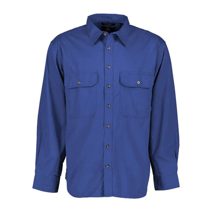Blue long-sleeved button-down shirt from the Swanndri Byron Work Shirt collection