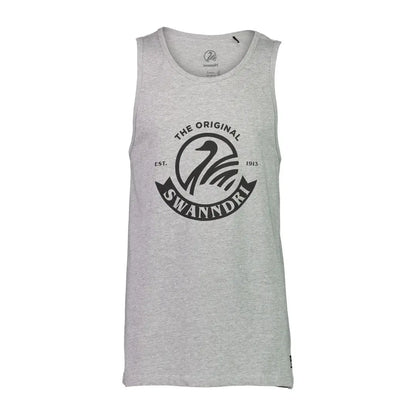 Gray sleeveless tank top featuring Swannday logo from Swanndri Classic V2 Printed Singlet