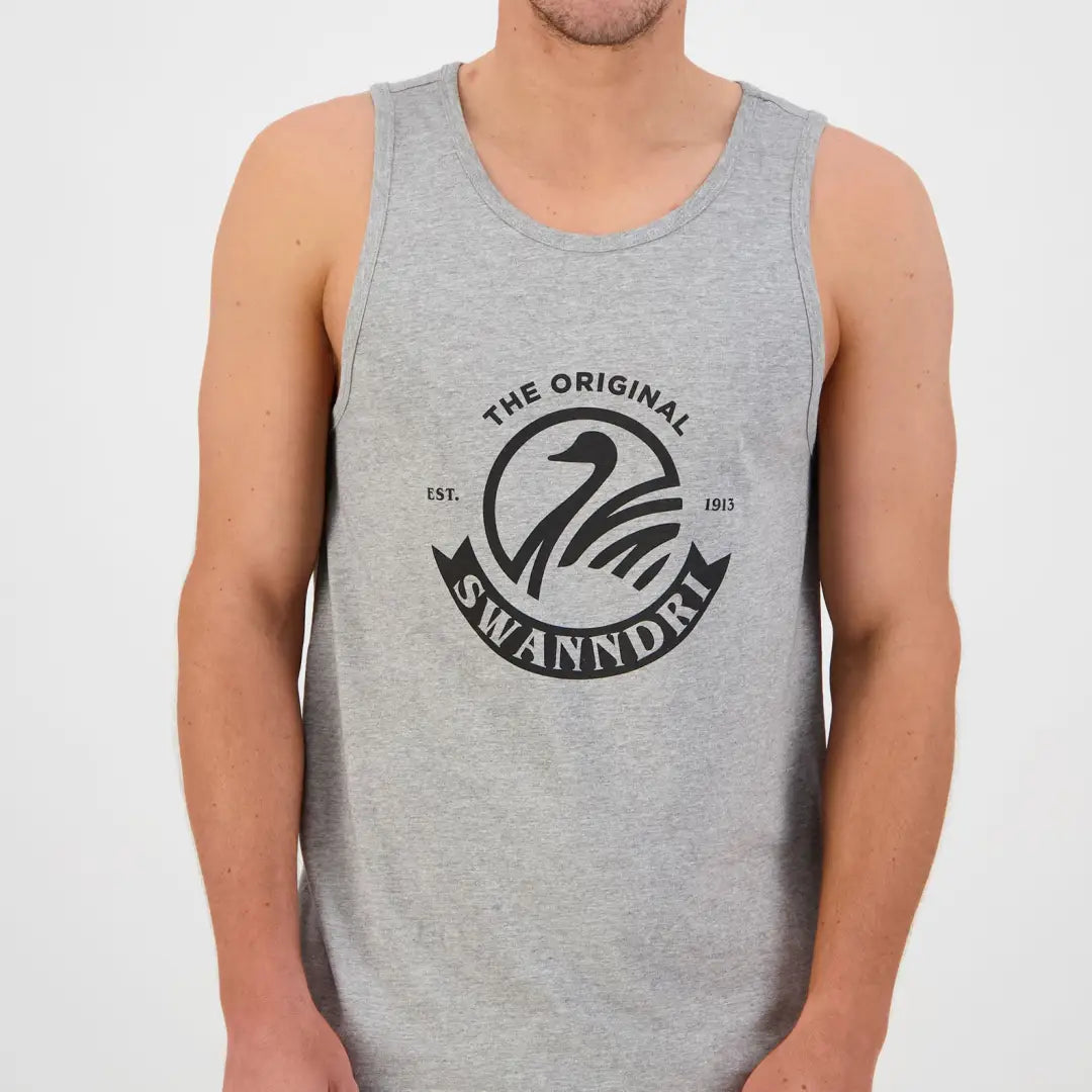 Gray tank top with The Original Swanndri logo, perfect for classic V2 printed singlet fans