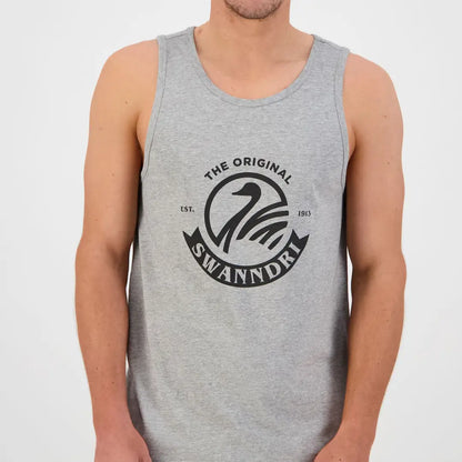 Gray tank top with The Original Swanndri logo, perfect for classic V2 printed singlet fans
