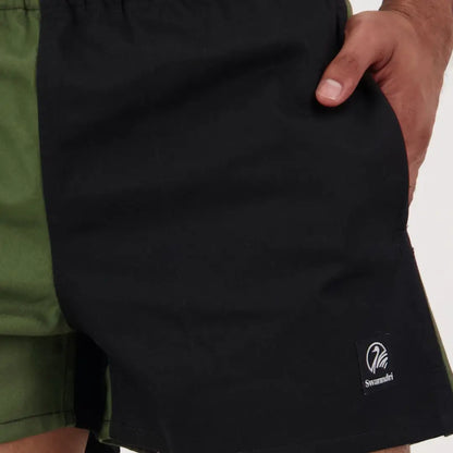 Black Swanndri Cotton Harlequin Rugby Shorts featuring a small white logo on the leg