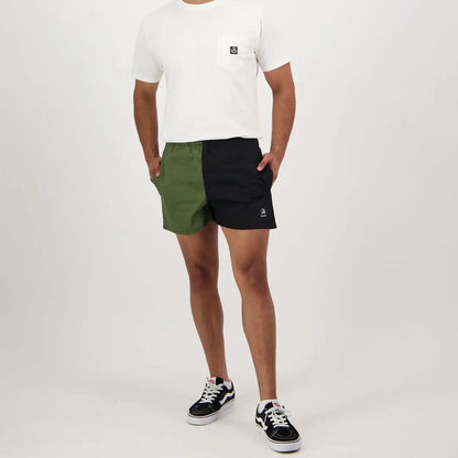 Swanndri Cotton Harlequin Rugby Shorts in green and black two-tone design