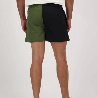 Two-tone Swanndri Harlequin Rugby Shorts with green and black sides for stylish comfort