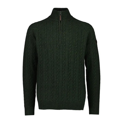 Dark green quarter zip cable-knit sweater, perfect for country clothing and hunting