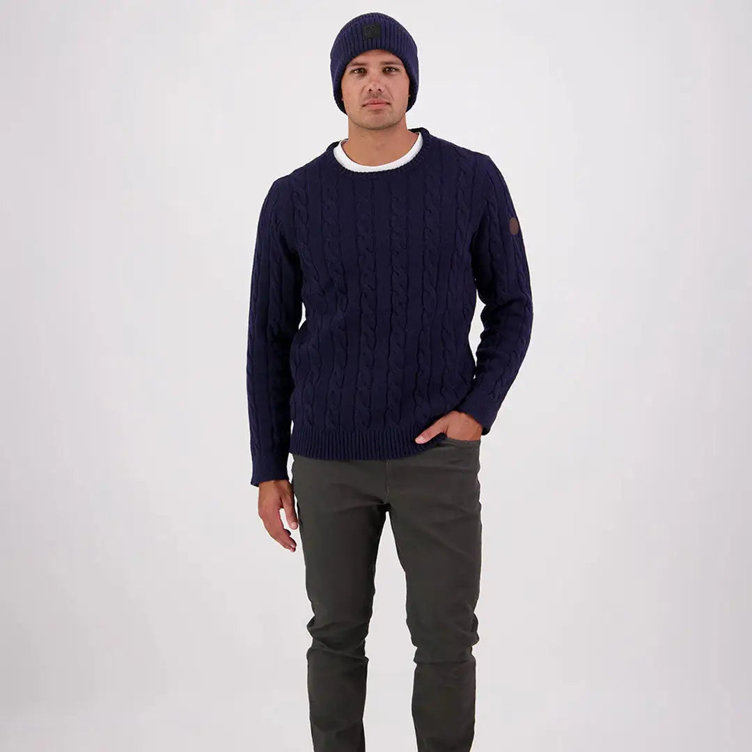 Men’s navy blue Swanndri Doncaster Mens cable knit sweater front view