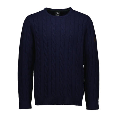 Men’s navy blue cable-knit crewneck sweater.