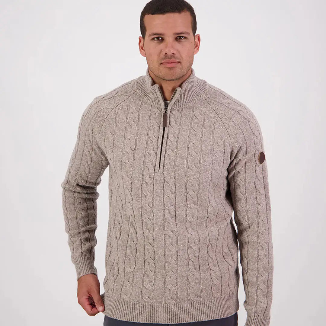 Men’s beige Swanndri Doncaster V2 Zip Cable Knit sweater with quarter-zip detail