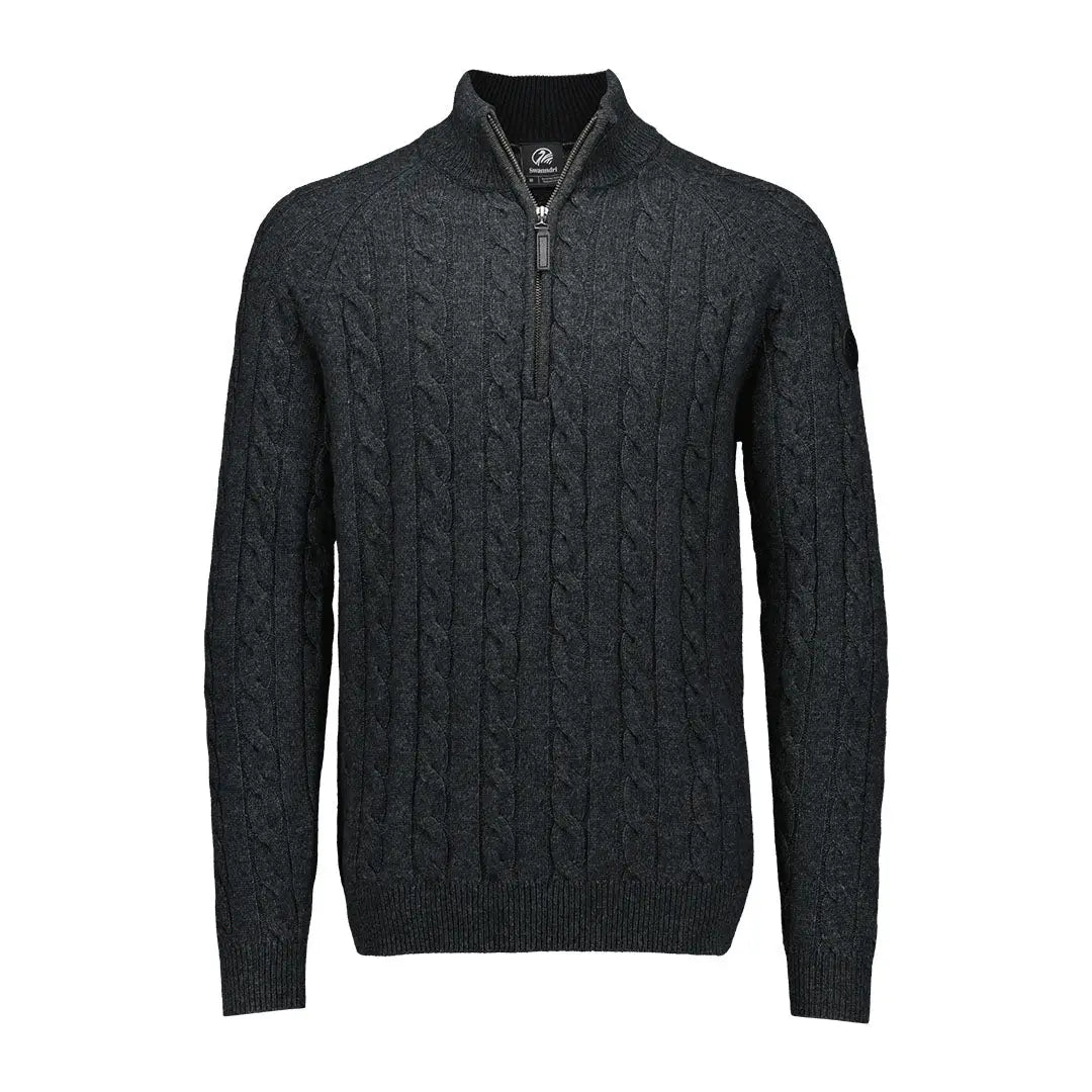 Men’s charcoal gray Swanndri Doncaster V2 Zip Cable Knit sweater with quarter-zip style