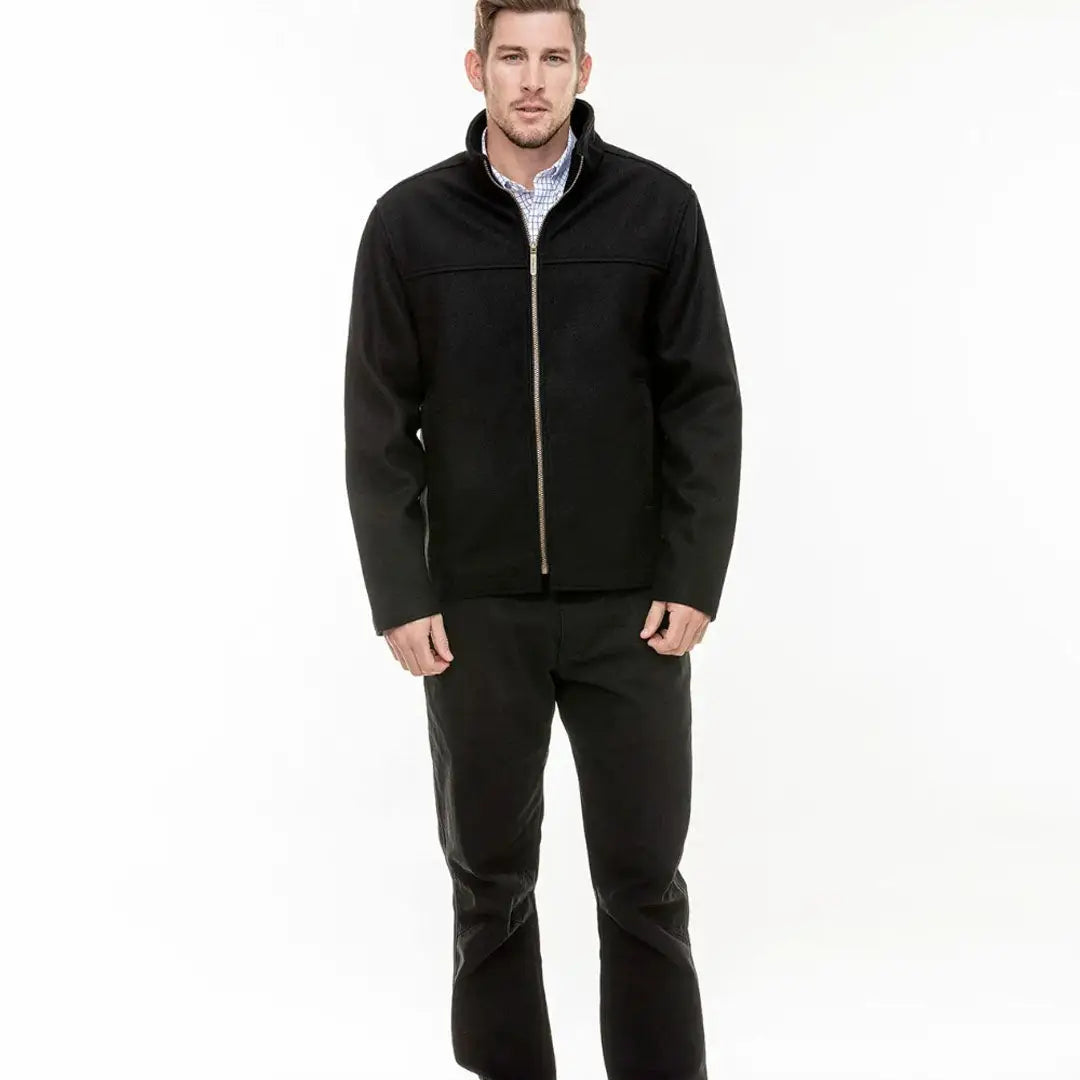 Men’s black Swanndri Falcon Jacket with matching pants for a sleek look