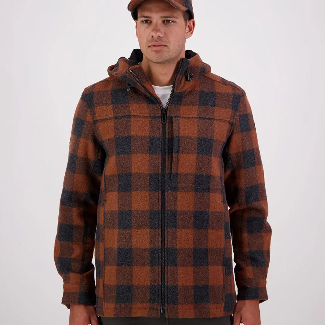 Men’s brown and black plaid Hudson Wool Hoody zip-up jacket for casual style