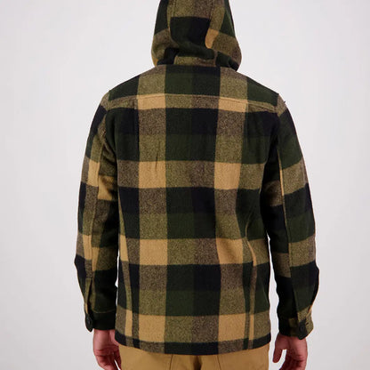 Person wearing a hooded olive green and tan plaid wool hoodie from Swanndri Hudson Wool collection