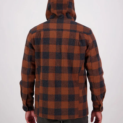 Person wearing Swanndri Hudson Wool Hoodie in brown and black plaid fabric
